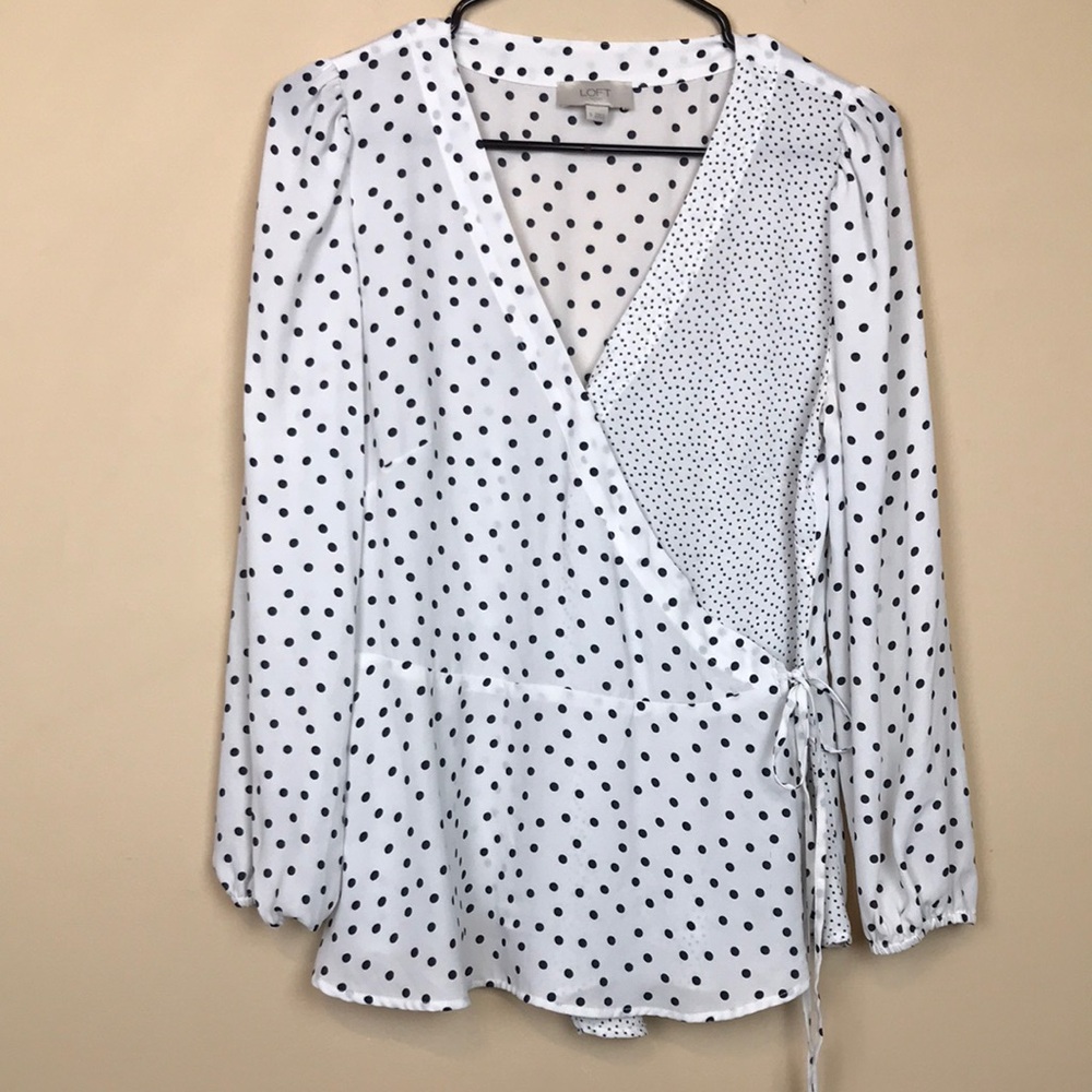LOFT Women’s Polka Micro Dot White Black Wrap Long Sleeve Blouse